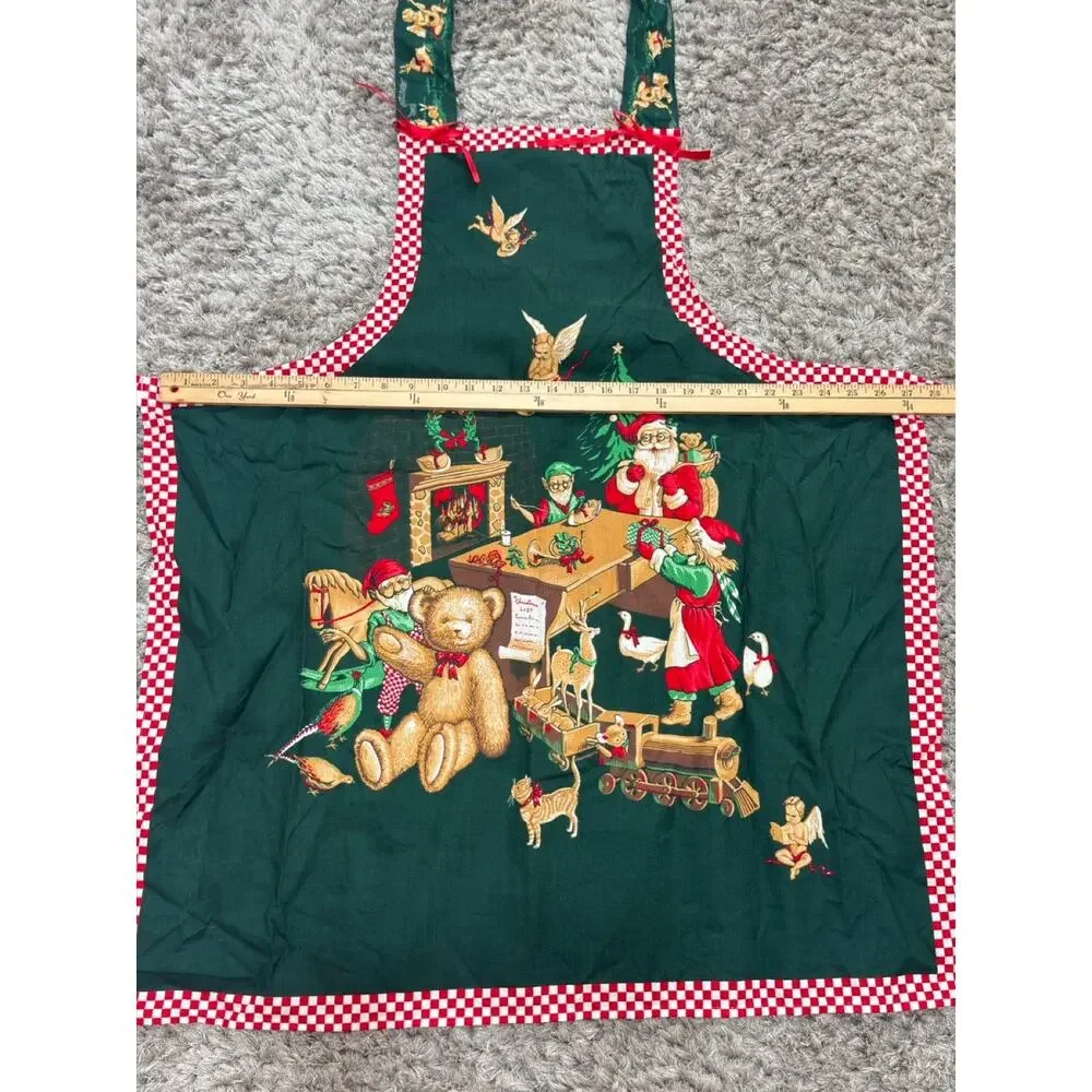 Vintage Handmade Christmas Apron Santa Teddy Bear Holiday Kitchen Gingham Trim